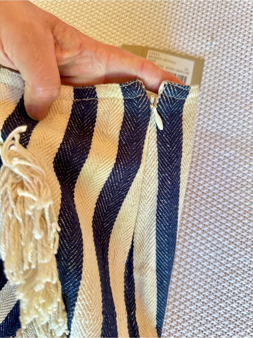 VANESSA BRUNO Boho IKA Cream Jute & Navy Blue Striped Fringe Mini Skirt - Picture 6 of 16